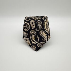 Saks Fifth Avenue Black Background With Gold Paisley Pattern Silk Necktie